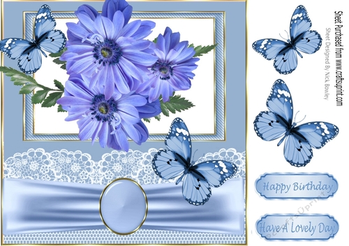 Pretty blue flowers/butterflies lace and bow 8x8