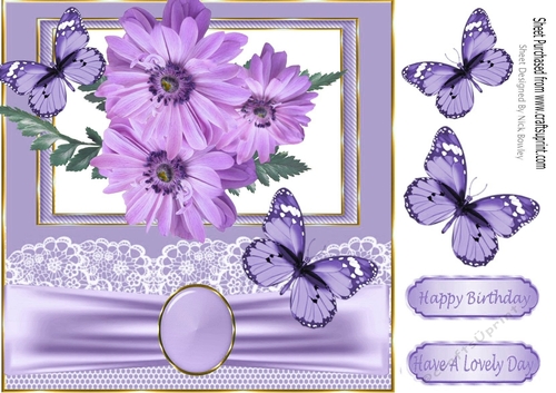 Pretty lilac flowers/butterflies lace and bow 8x8