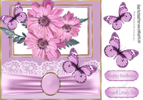 Pretty pink flowers/butterflies lace and bow 8x8