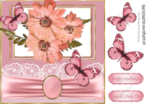 Pretty peach flowers/butterflies lace and bow 8x8