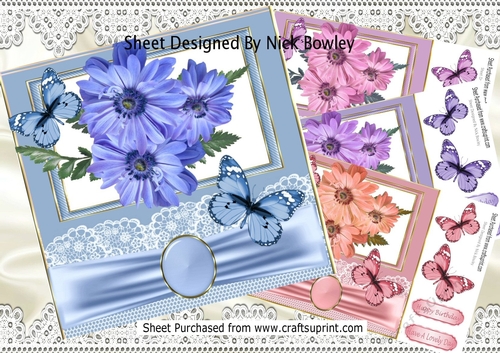 4 coloured flowers/butterflies lace and bow 8x8 card fronts kit