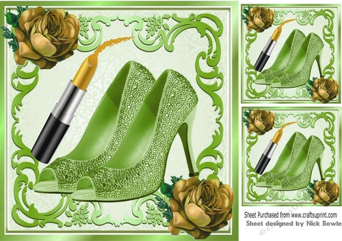 Pretty green shoes with ladies accessories  gold roses 8x8