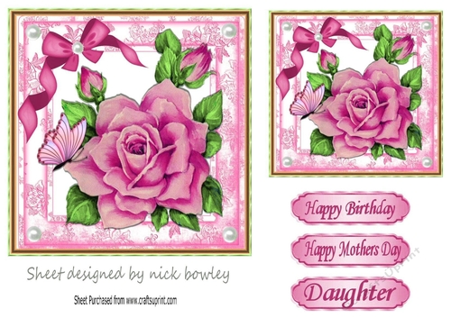 Pretty pink roses with bow and butterfly 7x7