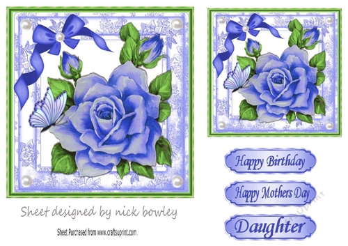 Pretty blue roses with bow and butterfly 7x7
