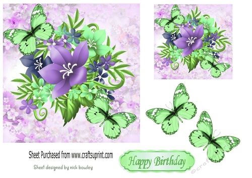 pretty purple floral card front with butterflies 7x7