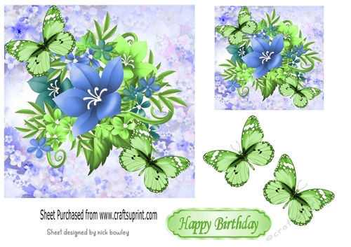 pretty blue floral card front with butterflies 7x7