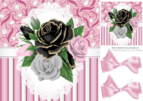 Pretty pink/black/white roses on lace with bows 8x8 