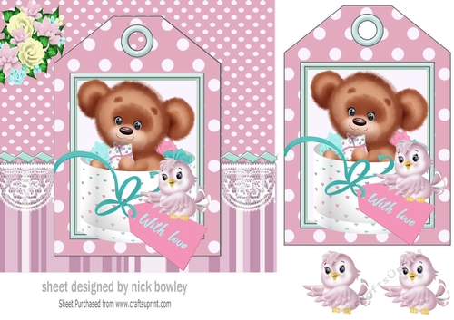 Sweet teddy with love and little bird  on tag 7x7