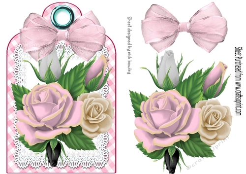 pretty mixed roses on lace tag with organza bow