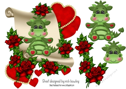 Cute dragon on a scroll with roses & hearts cut out