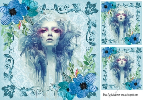Blue lady Artwork with flowers 8x8
