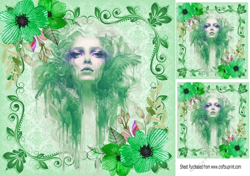 Green lady Artwork with flowers 8x8