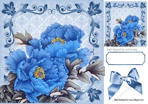 pretty blue shades of flowers in scroll ornate frame with bow 8x8