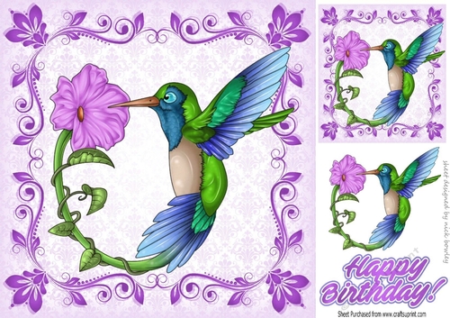 pretty bird with purple flower in scroll frame 8x8