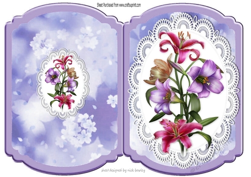 Pretty coloured lillies on lace bracket fold card