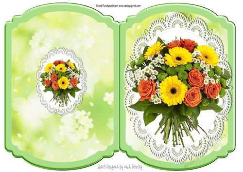 Pretty bouquet of coloured flowers on lace bracket fold card