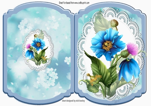 Pretty blue flowers on lace bracket fold card