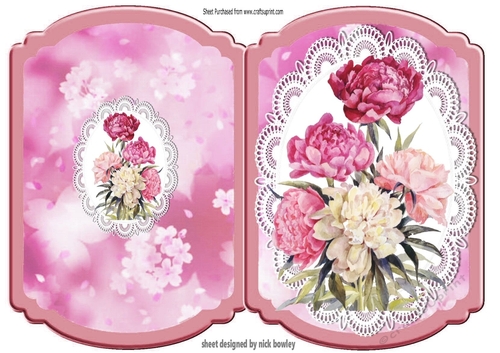 Pretty pink vintage peonies on lace bracket fold card