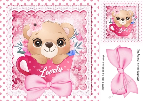 Cute teddy in tea cup with pink polkadot and bow 8x8