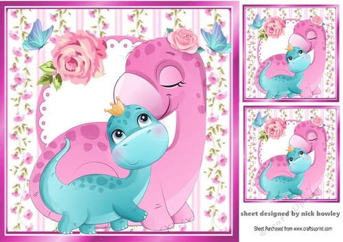 Cute mum dino with baby and pink roses 8x8