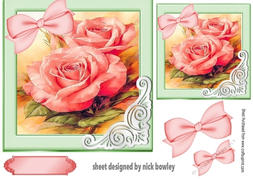 pretty pink roses with bow  in 7x7 frame