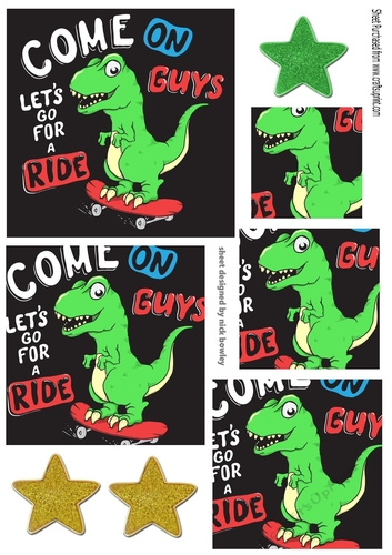 Dino on a skateboard  with stars pyramids