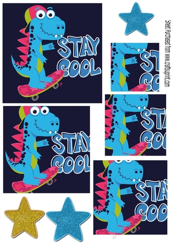 Stay Cool Dino on a Skateboard  with stars pyramids