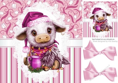 Cute pink bull on lace with bows 8x8
