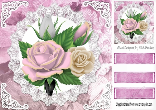 Pretty roses on lace with ornate corners 8x8
