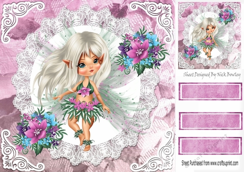 Pretty faerie on lace with flowers and ornate corners 8x8