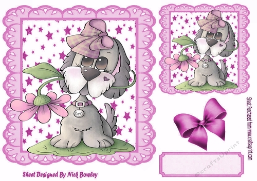 Cute puppy with a flower and pink bow in star frame 7x7