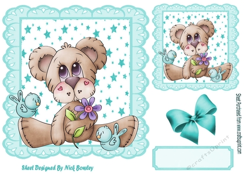 Cute bear with little birds in star frame with a bow 7x7