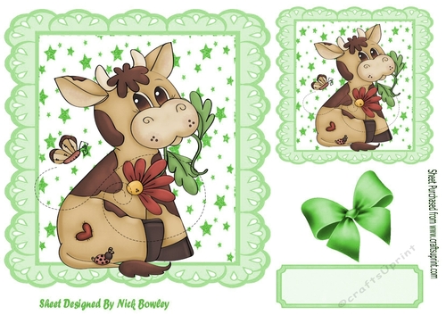 Cute little cow with butterfly and green bow in star frame 7x7