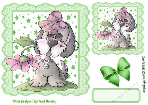 Cute puppy with a flower and green bow in star frame 7x7