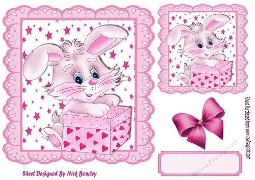 Cute bunny with a heart gift box and pink bow in star frame 7x7
