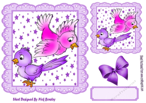 Cute little pink/purple birds with  purple bow in star frame 7x7