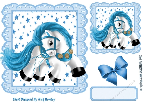 Cute little pony in blue star frame with bow 7x7