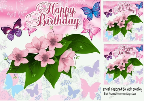 Pretty birthday card front with pink flowers/butterflies 8x8