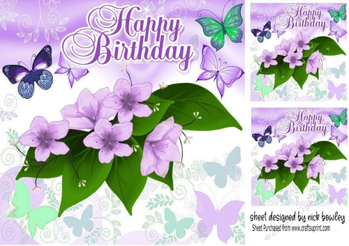 Pretty birthday card front with purple flowers/butterflies 8x8