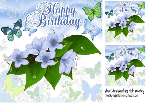 Pretty birthday card front with blue flowers/butterflies 8x8