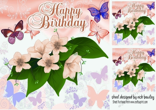 Pretty birthday card front with peach flowers/butterflies 8x8