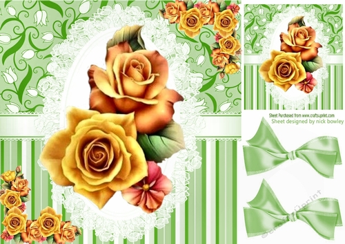 Pretty shades of yellow roses on lace with green bows 8x8