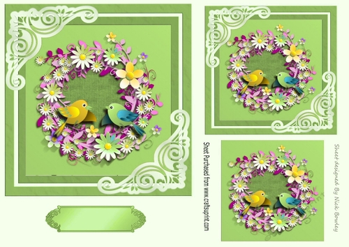 Pretty  birds with flowers 7x7 topper (green)