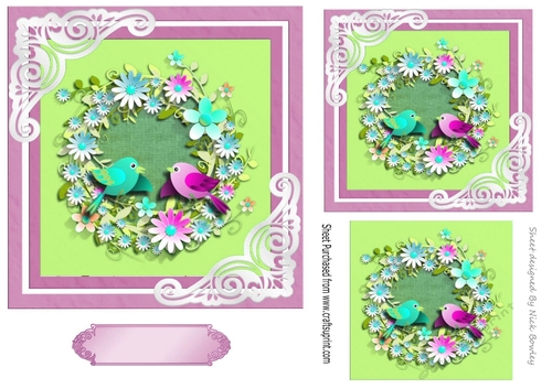 Pretty  birds with flowers 7x7 topper (pink)