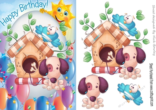 Cute puppy with blue bird and kennel A5 Card front