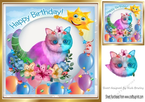 Water colour cat wih balloons and flowers 8x8