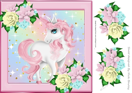 Pretty pink unicorn with stars and flowers 8x8