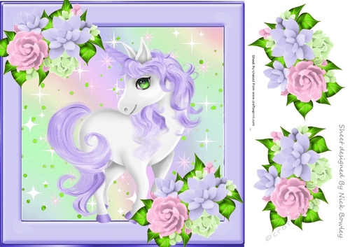 Pretty purple unicorn with stars and flowers 8x8