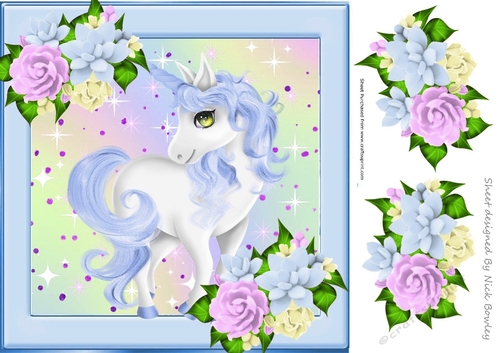 Pretty blue unicorn with stars and flowers 8x8