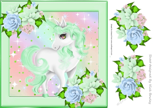 Pretty green unicorn with stars and flowers 8x8